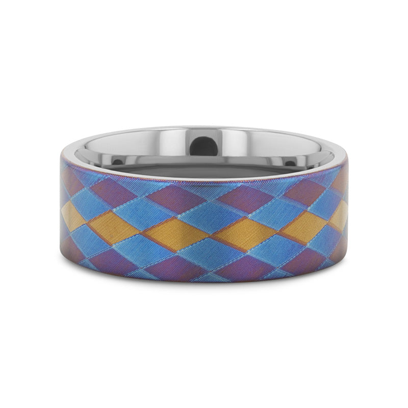 MAJESTIC Flat Titanium Ring with Purple, Blue, and Gold Diamond Pattern - 8mm