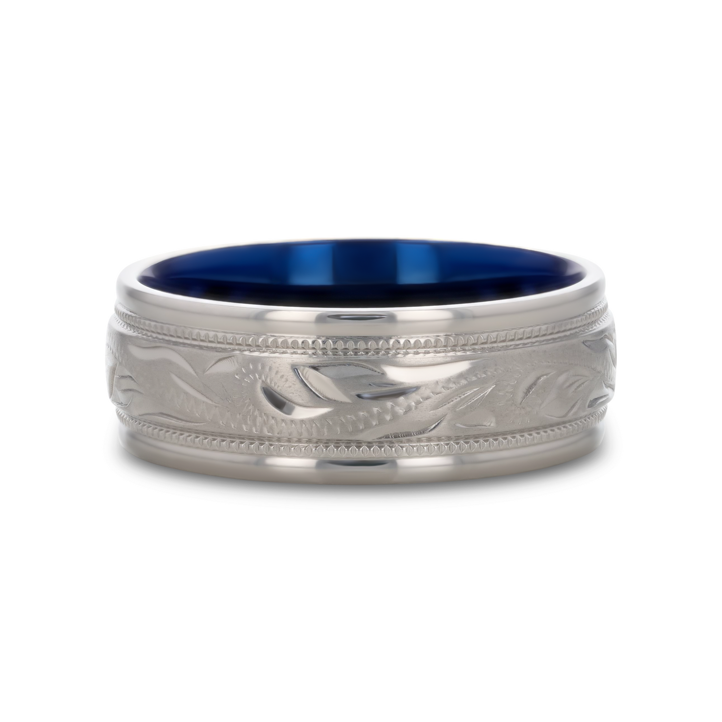 MARINER Titanium Milgrain Engraved Finish Men 's Wedding Ring with Blue Plating Inside- 8mm