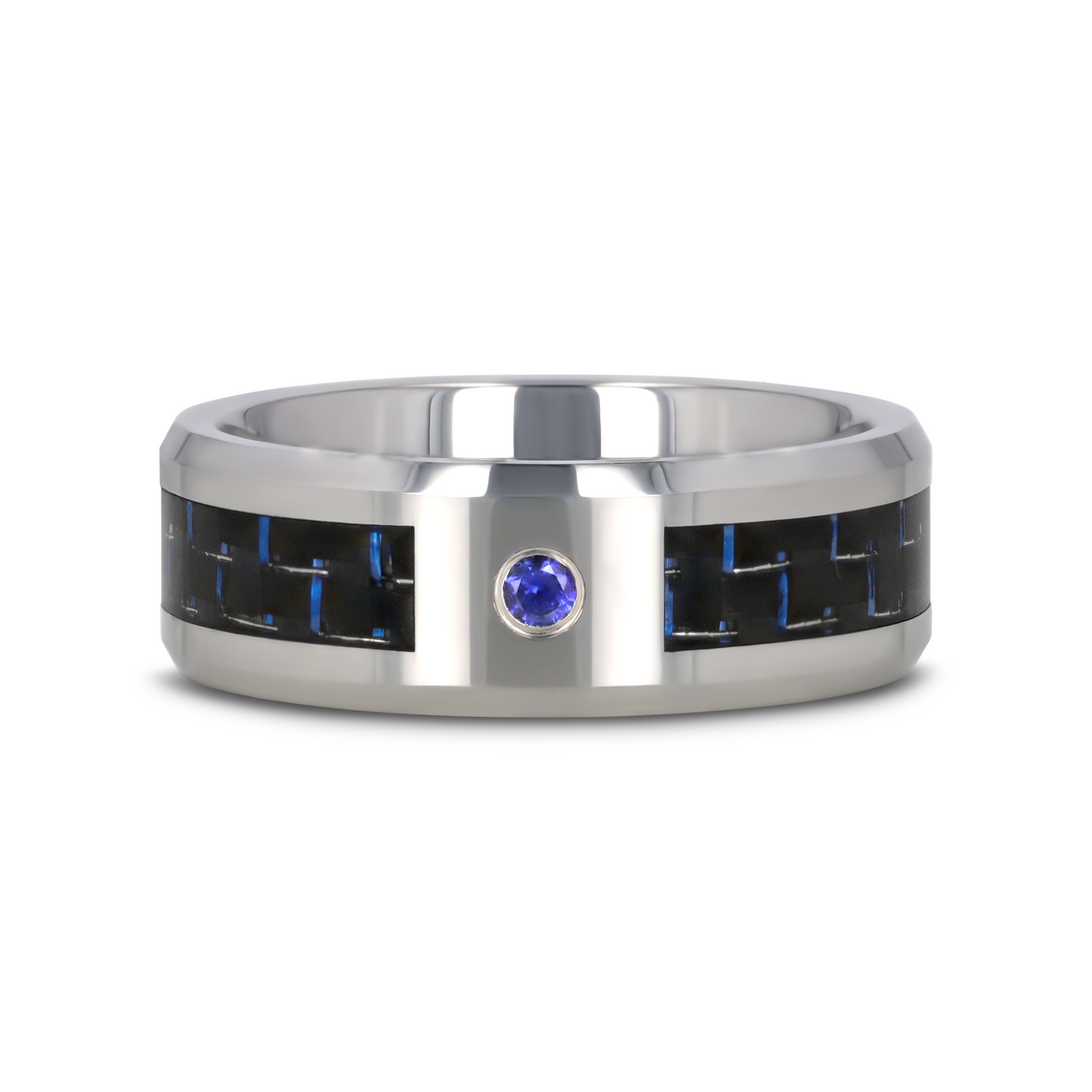 NEPTUNE Tungsten Carbide Ring with Black and Blue Carbon Fiber and Blue Sapphire Setting with Bevels - 8mm