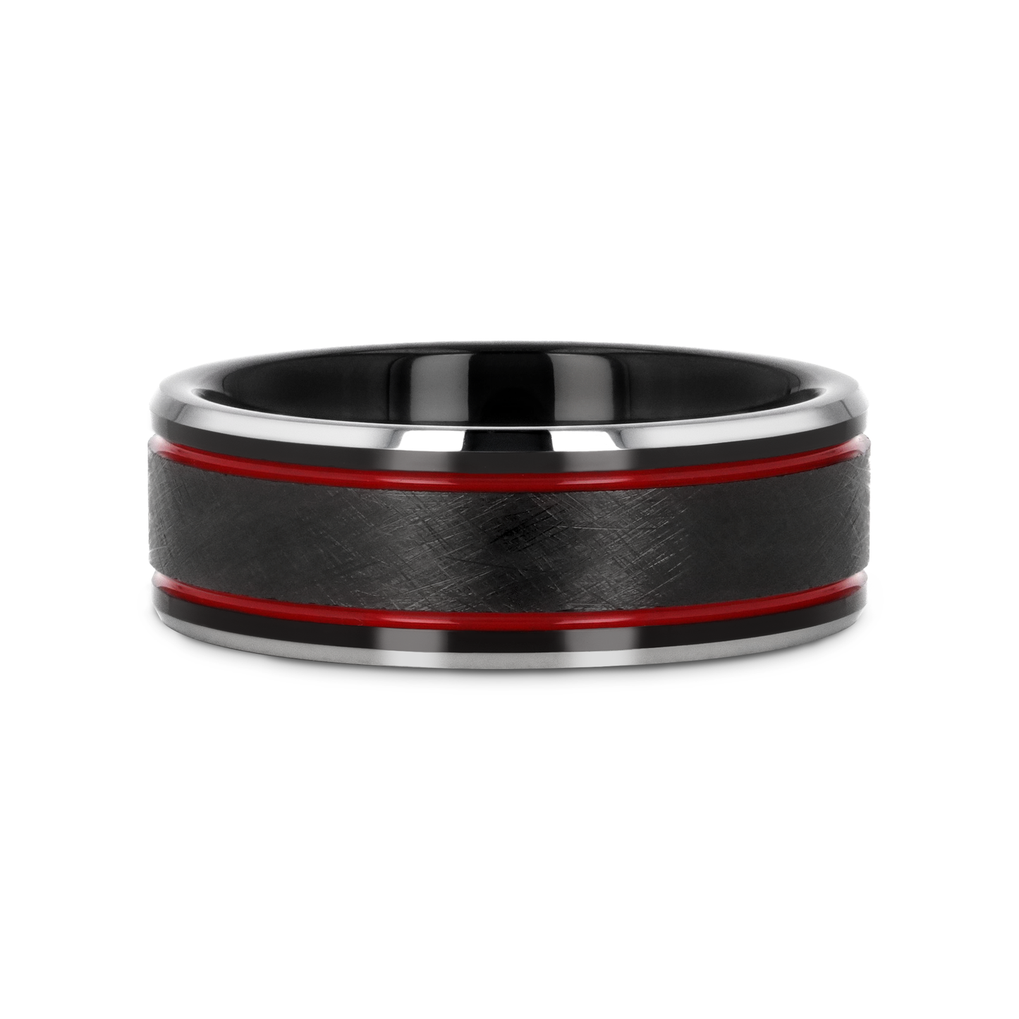 OLIS Wire Finish Centered Black Tungsten Men's Wedding Band With Double Red Stripe Polished Beveled Edges - 8mm