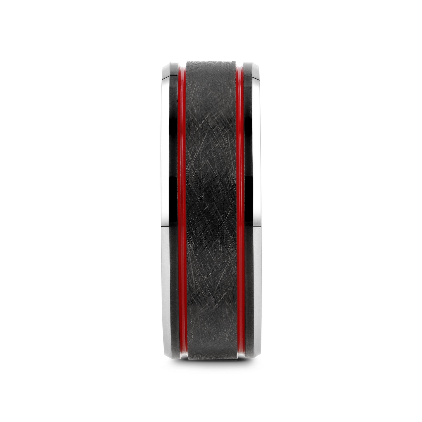 OLIS Wire Finish Centered Black Tungsten Men's Wedding Band With Double Red Stripe Polished Beveled Edges - 8mm