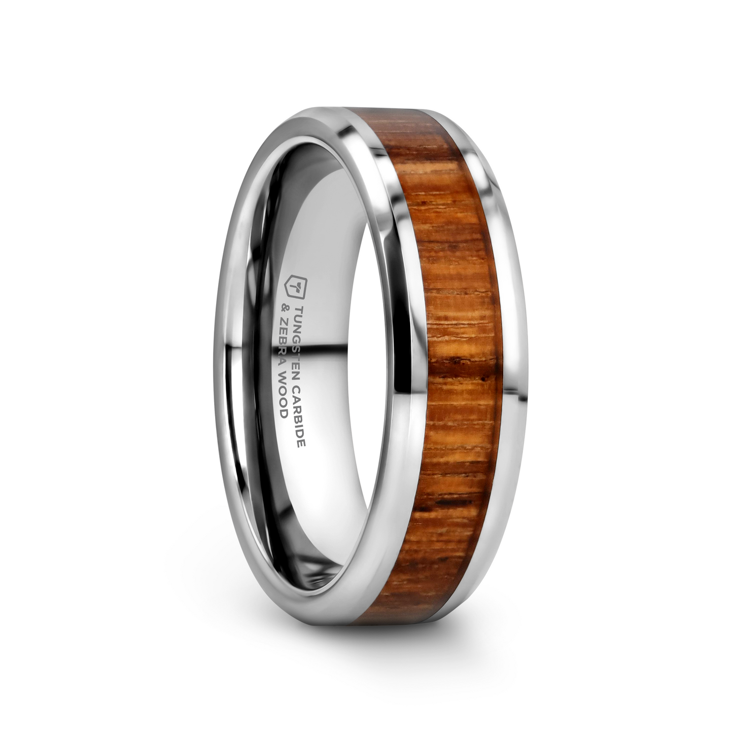 PALMALETTO Tungsten Carbide Ring with Beveled Edges and Real Zebra Wood Inlay - 4mm - 7mm