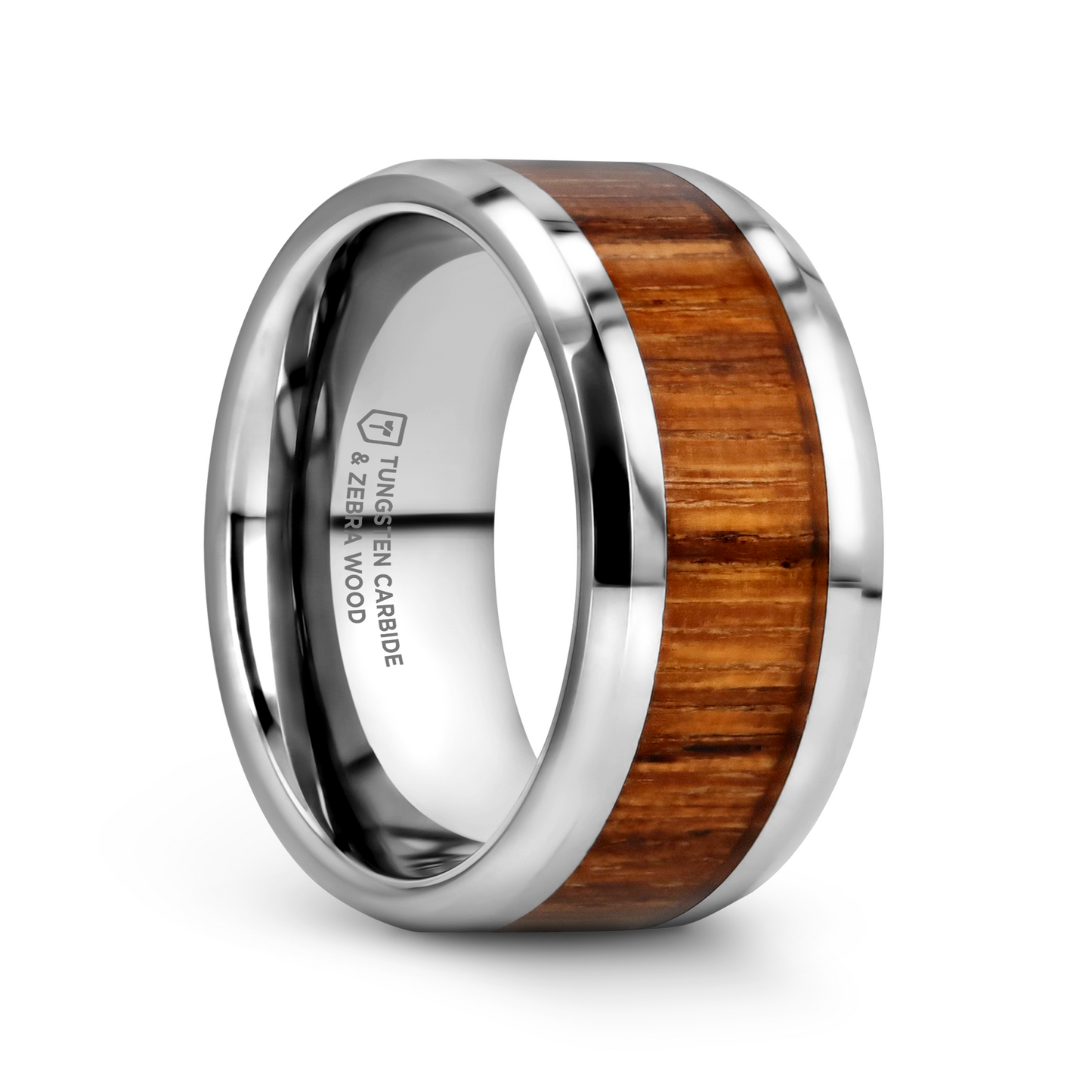 PALMALETTO Tungsten Carbide Ring with Beveled Edges and Real Zebra Wood Inlay - 8mm - 10mm