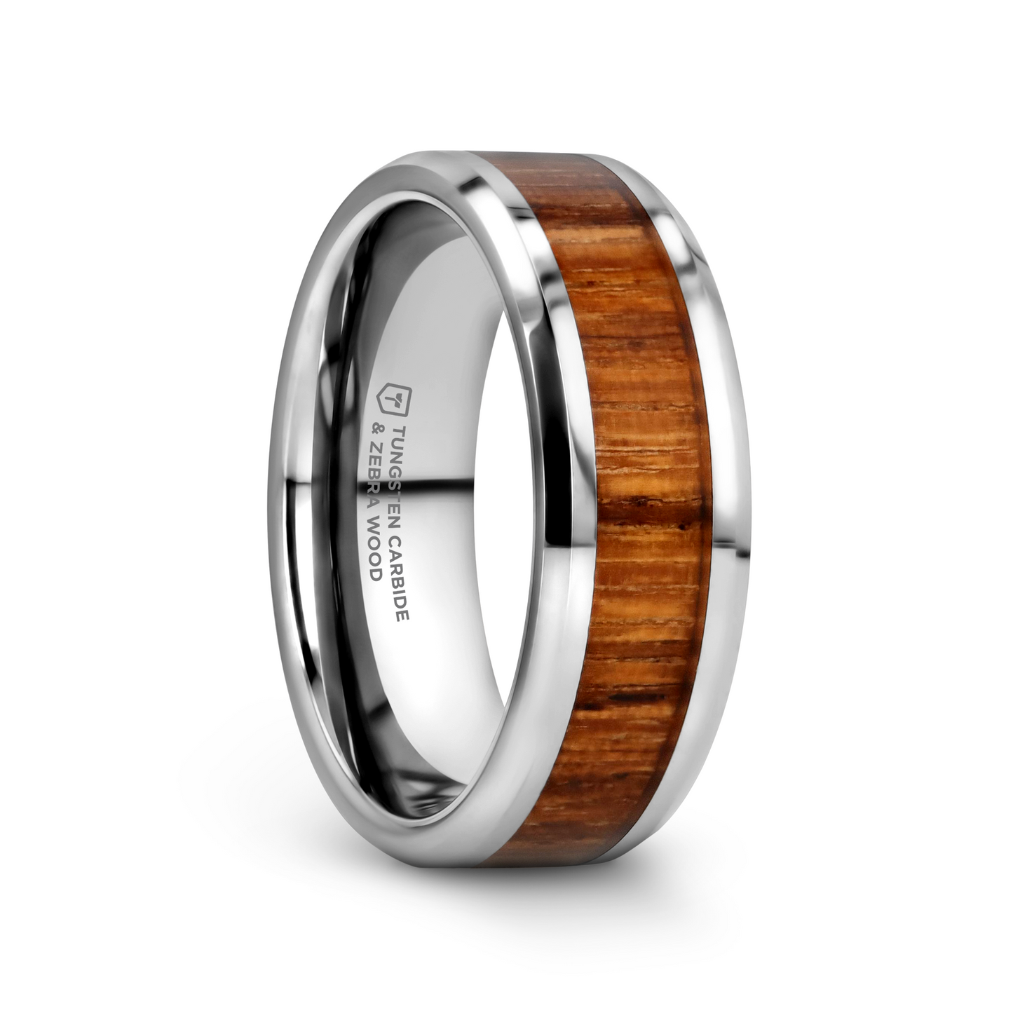 PALMALETTO Tungsten Carbide Ring with Beveled Edges and Real Zebra Wood Inlay - 4mm - 7mm