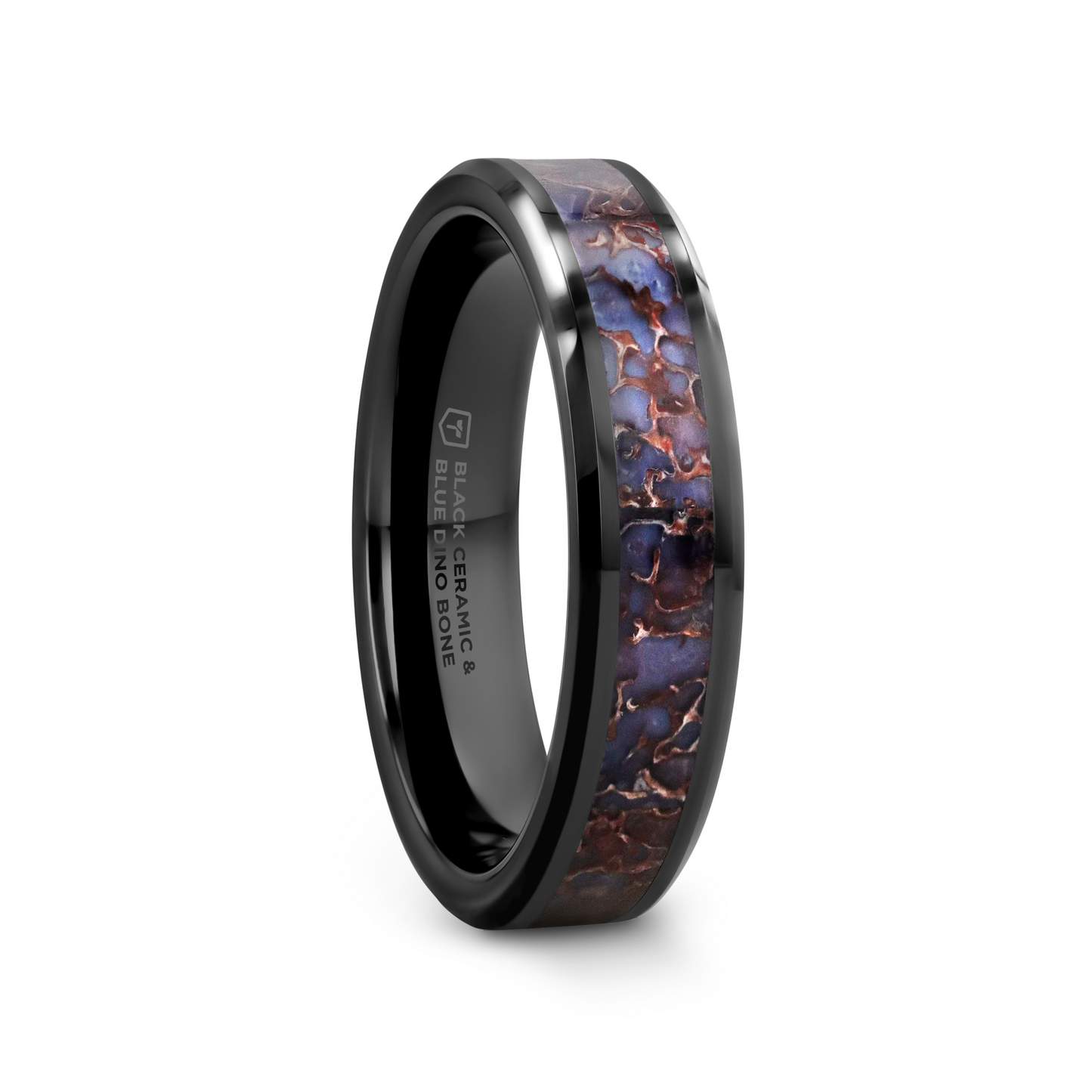 PERMIAN Blue Dinosaur Bone Inlaid Black Ceramic Beveled Edged Ring - 4mm or 8mm
