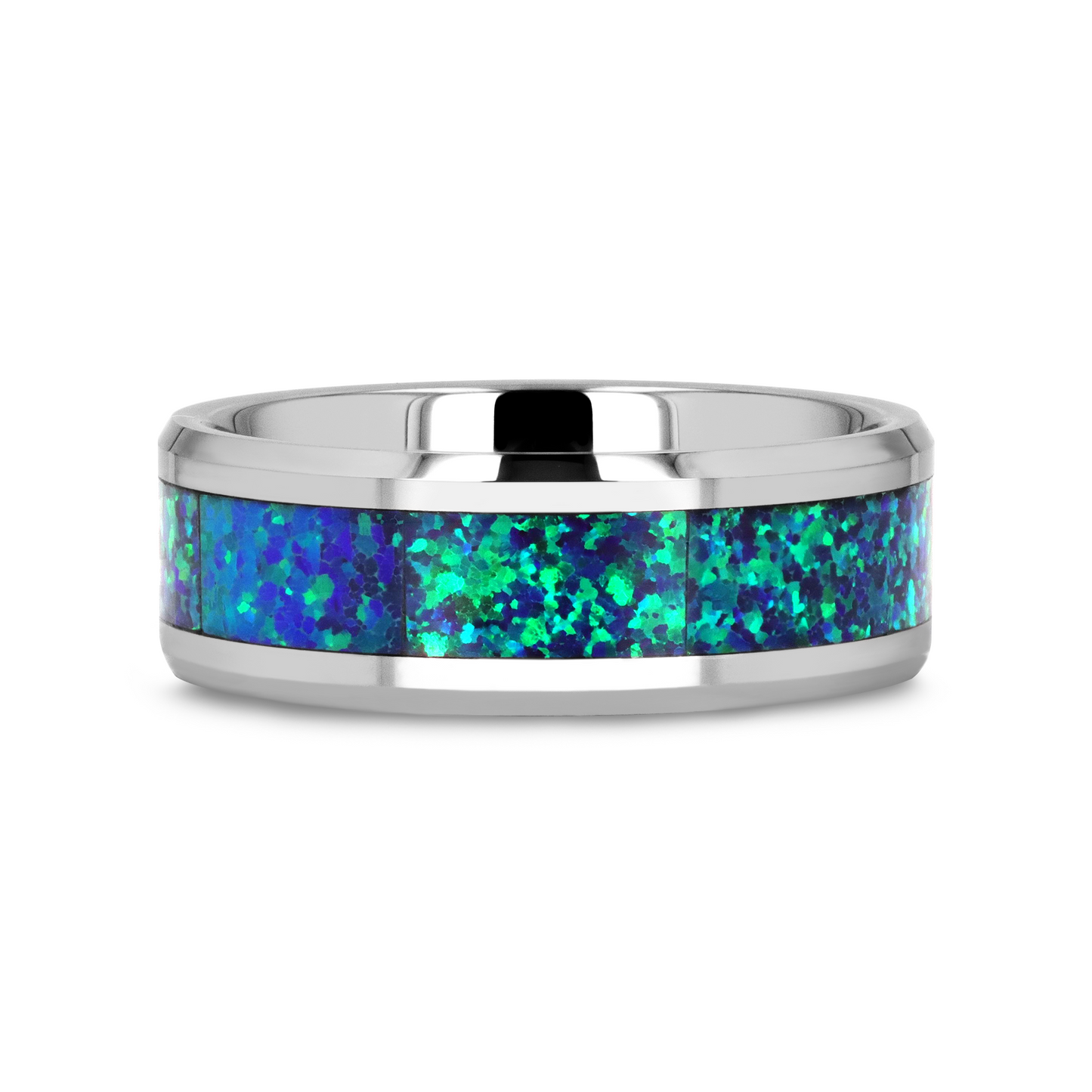 PHOTON Tungsten Beveled Wedding Band with Emerald Green & Sapphire Blue Color Opal Inlay - 6mm & 8mm