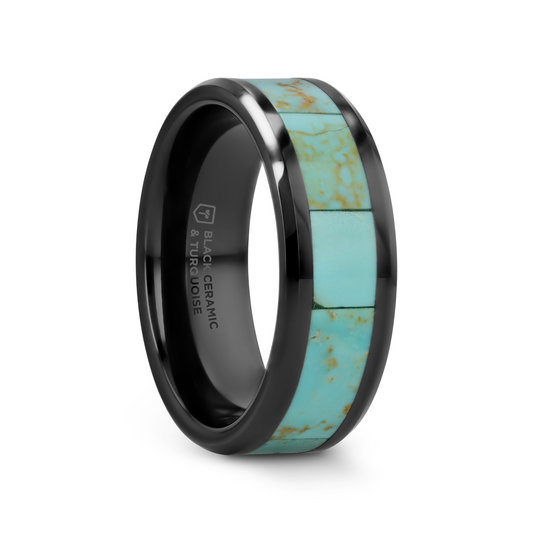 PIETRO Men’s Polished Black Ceramic Wedding Band with Light Blue Turquoise Stone Inlay & Polished Beveled Edges - 8mm
