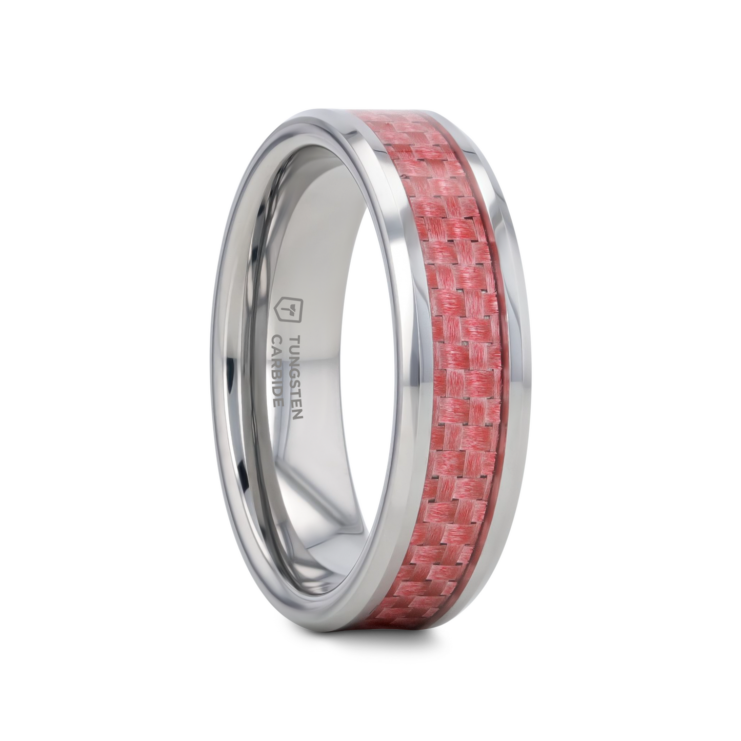 PINK Beveled Tungsten Wedding Band with Pink Carbon Fiber -4mm & 6mm
