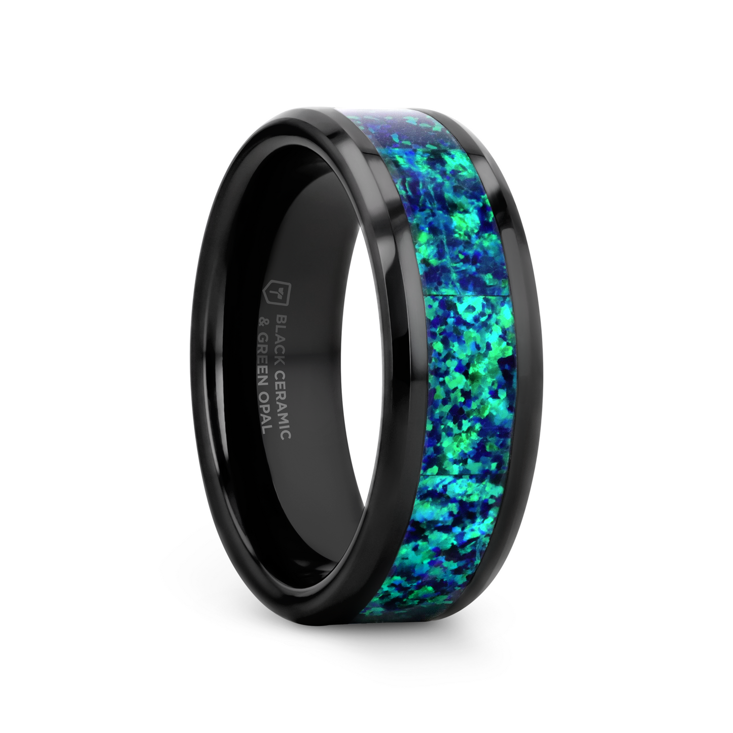 PULSAR Black Ceramic Wedding Band with Beveled Edges and Emerald Green & Sapphire Blue Color Opal Inlay - 6mm or 8 mm
