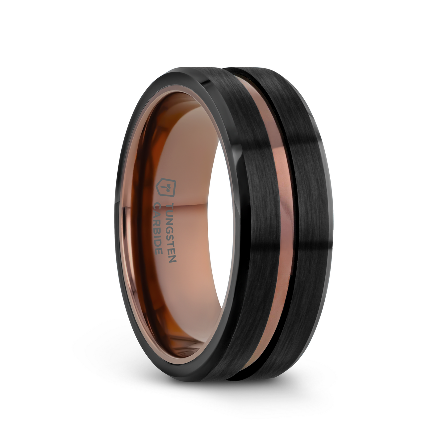 NEVAN Flat Brushed Black Tungsten Men's Wedding Band With Espresso Groove Center - 8mm