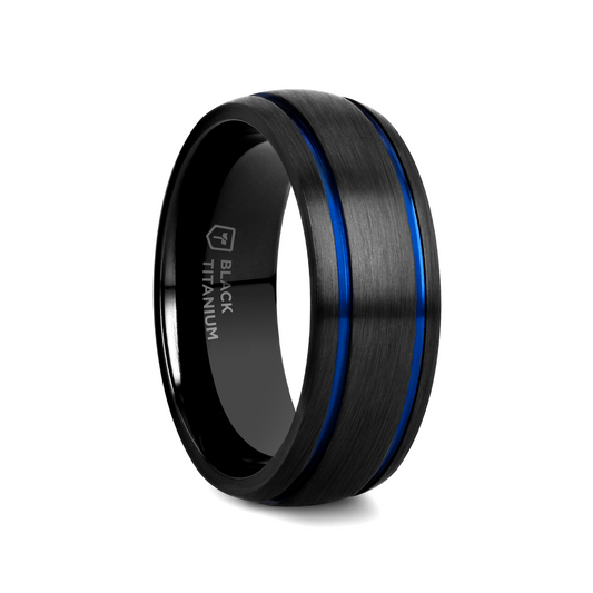 SHERIFF Domed Black Titanium Brushed Finish Men’s Wedding Ring with Blue Grooves – 8mm