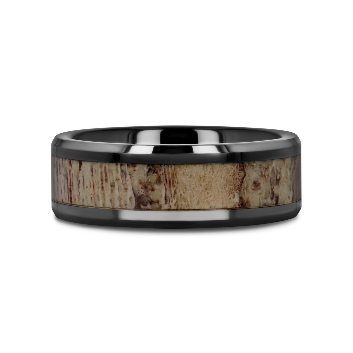 TRES Beveled Black Ceramic Polished Men's Wedding Band with Ombre Antler Inlay - 8mm