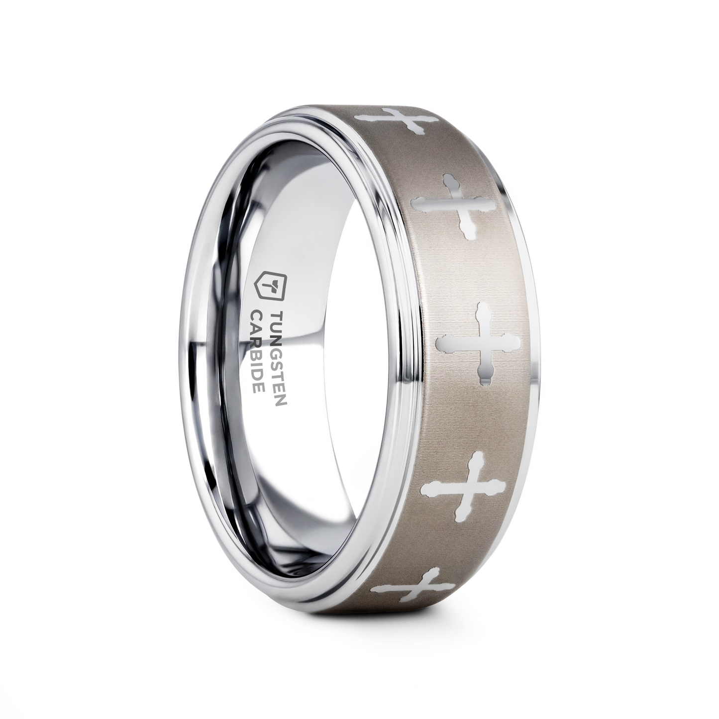TRINITY Raised Center with Engraved Crosses Men's Tungsten Wedding Band – 8mm