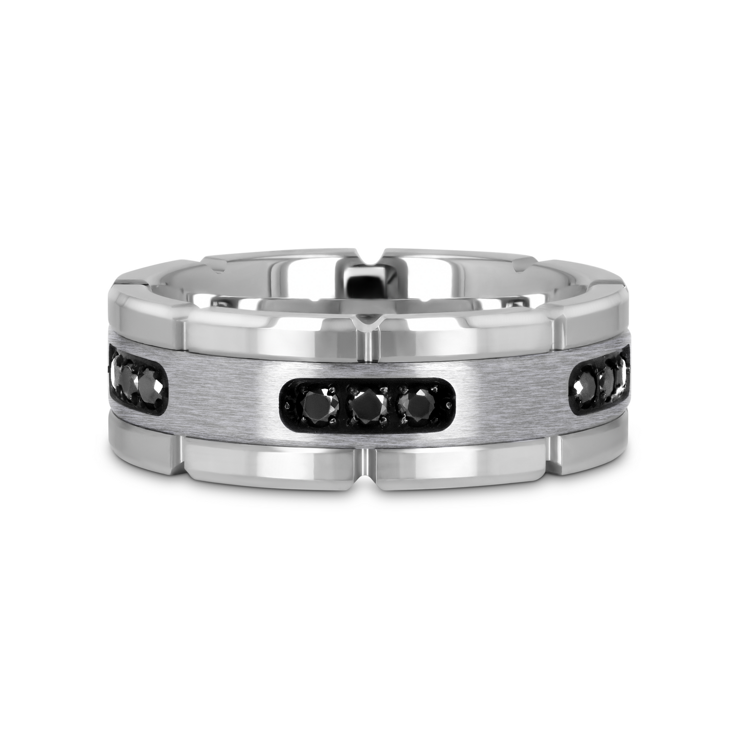 VALOR Grooved Tungsten Ring with Silver Inlay & Black Diamonds - 8mm