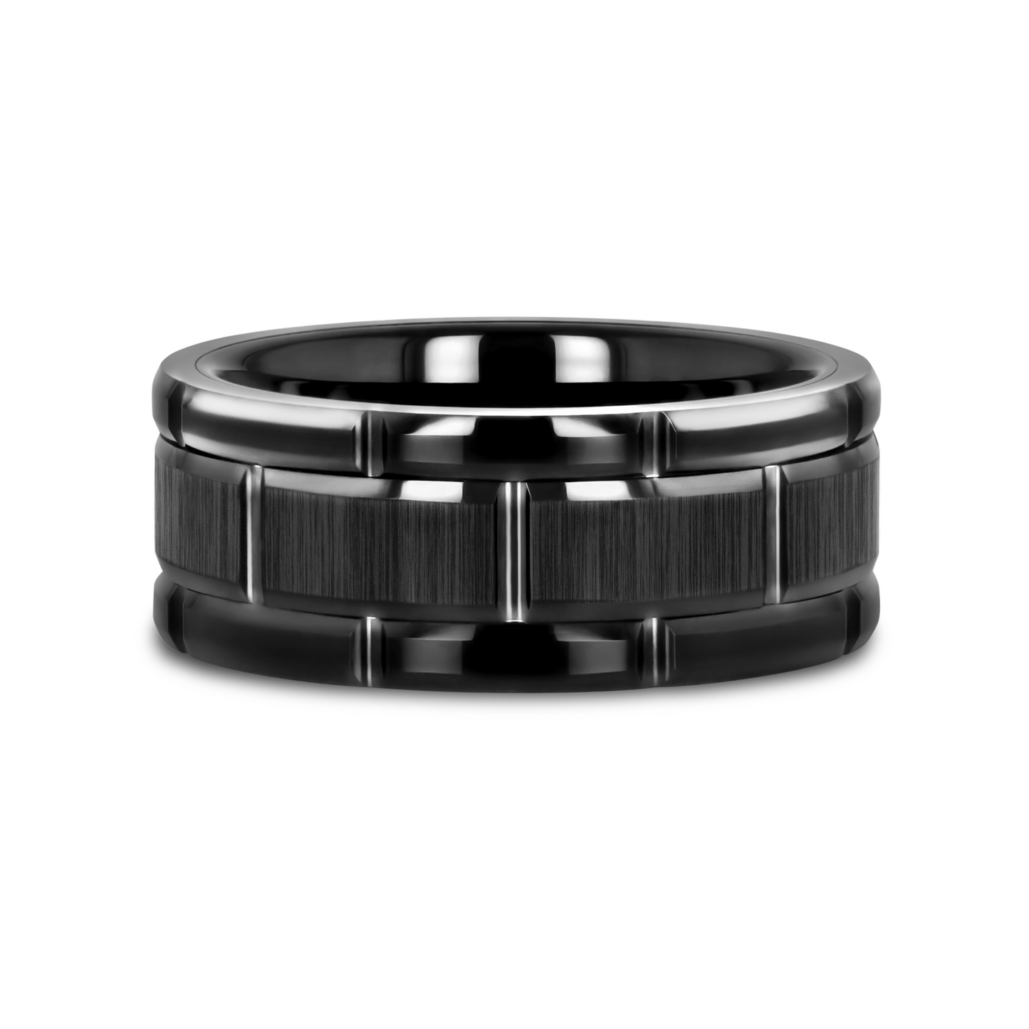 WINDSOR Beveled Black Tungsten Carbide Wedding Band with Brush Finished Center and Alternating Grooves - 8mm & 10mm