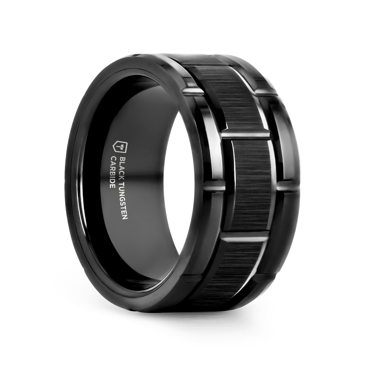 WINDSOR Beveled Black Tungsten Carbide Wedding Band with Brush Finished Center and Alternating Grooves - 8mm & 10mm