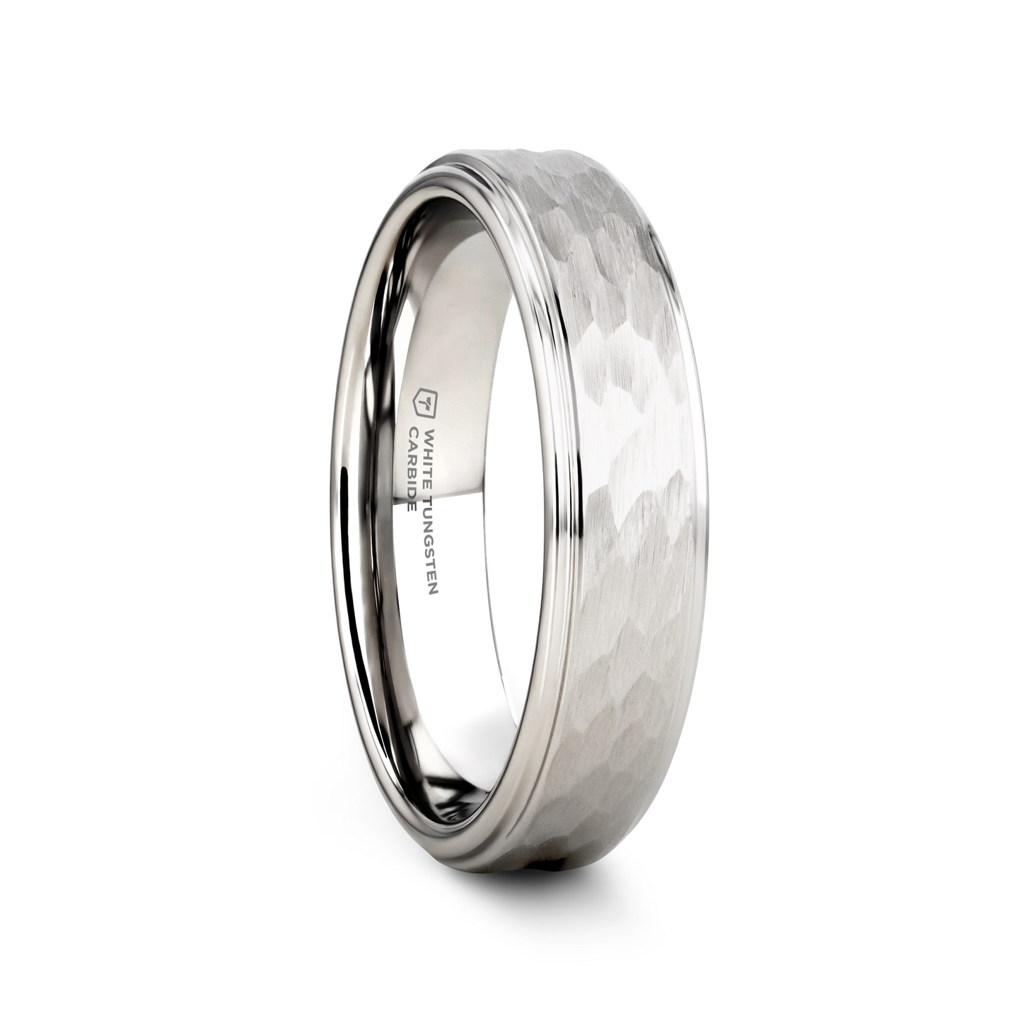 WINSTON White Tungsten Ring with Raised Hammered Finish and Polished Step Edges - 4mm - 10mm