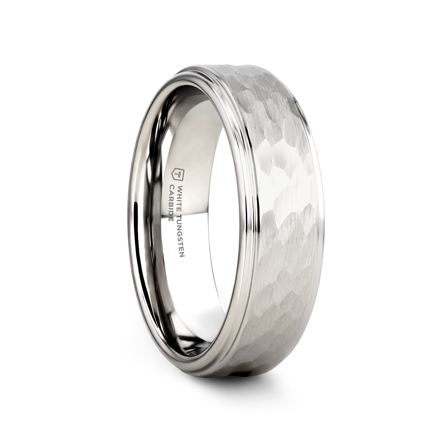 WINSTON White Tungsten Ring with Raised Hammered Finish and Polished Step Edges - 4mm - 10mm