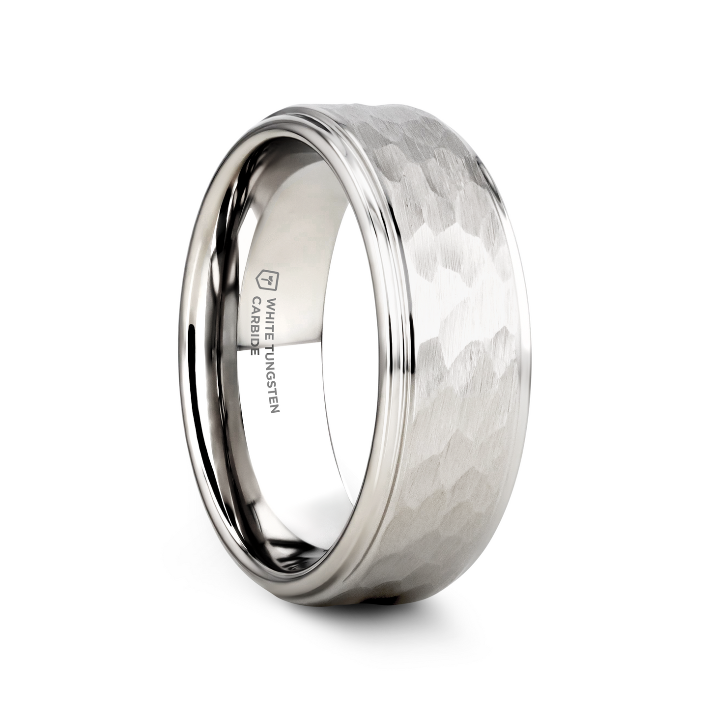 WINSTON White Tungsten Ring with Raised Hammered Finish and Polished Step Edges - 4mm - 10mm
