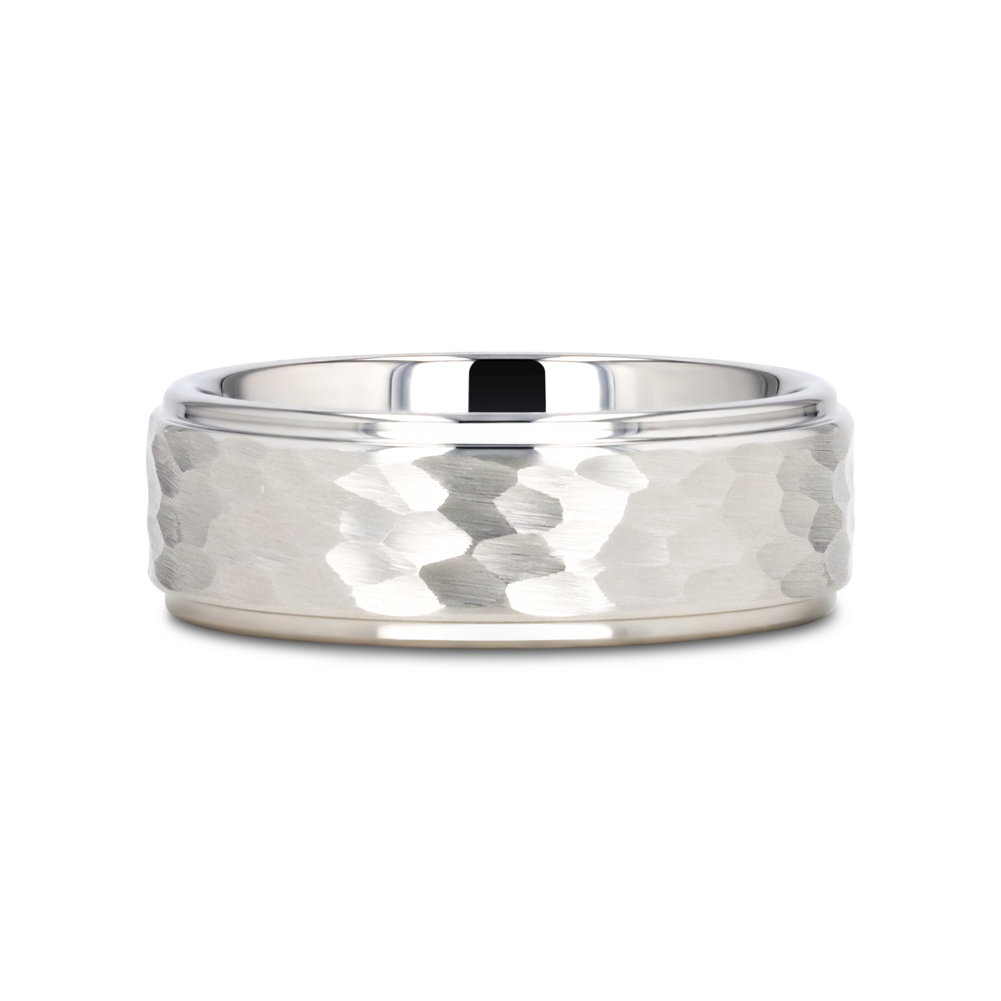 WINSTON White Tungsten Ring with Raised Hammered Finish and Polished Step Edges - 4mm - 10mm