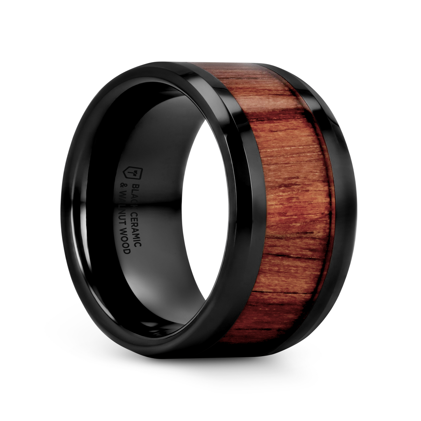 YUKON Beveled Black Ceramic Ring with Black Walnut Wood Inlay - 8mm - 12mm