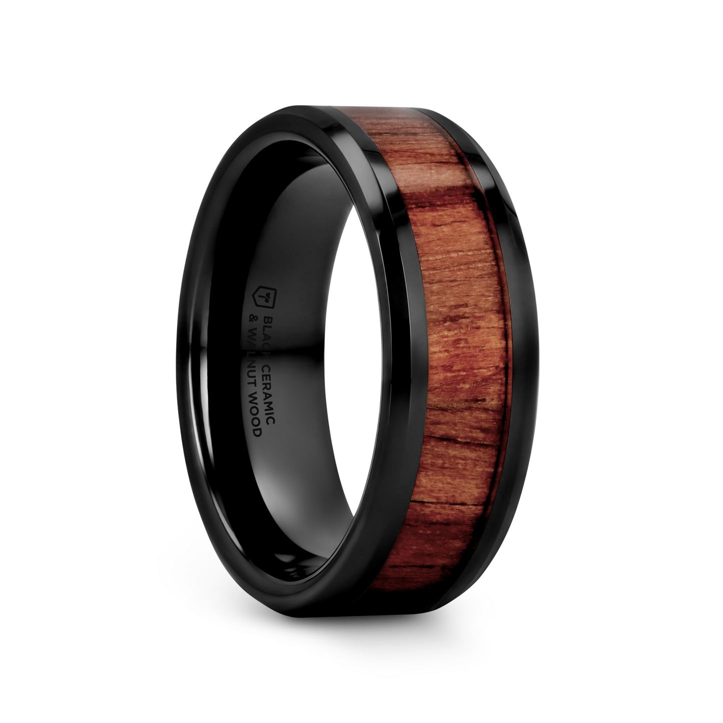 YUKON Beveled Black Ceramic Ring with Black Walnut Wood Inlay - 4mm - 7mm