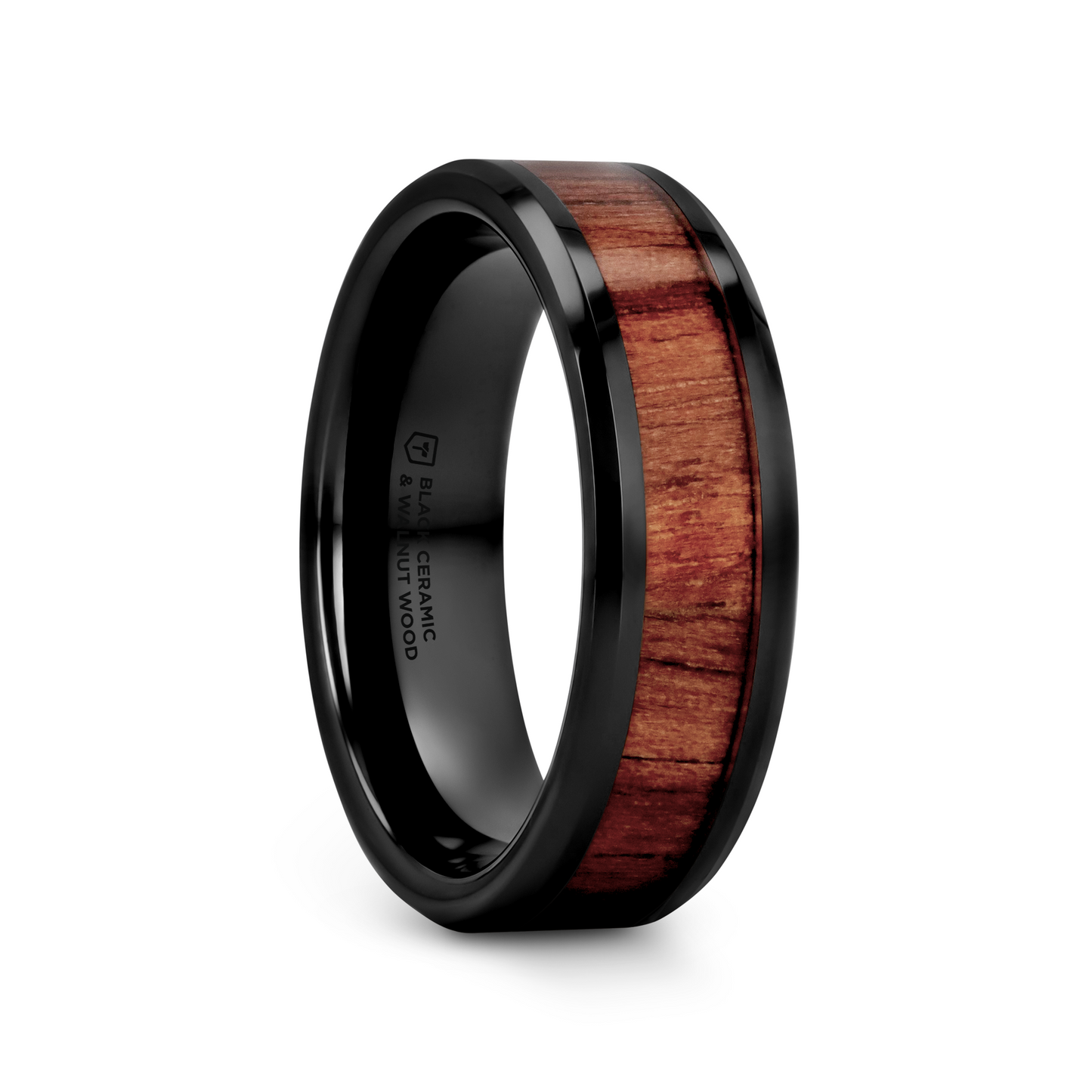 YUKON Beveled Black Ceramic Ring with Black Walnut Wood Inlay - 4mm - 7mm