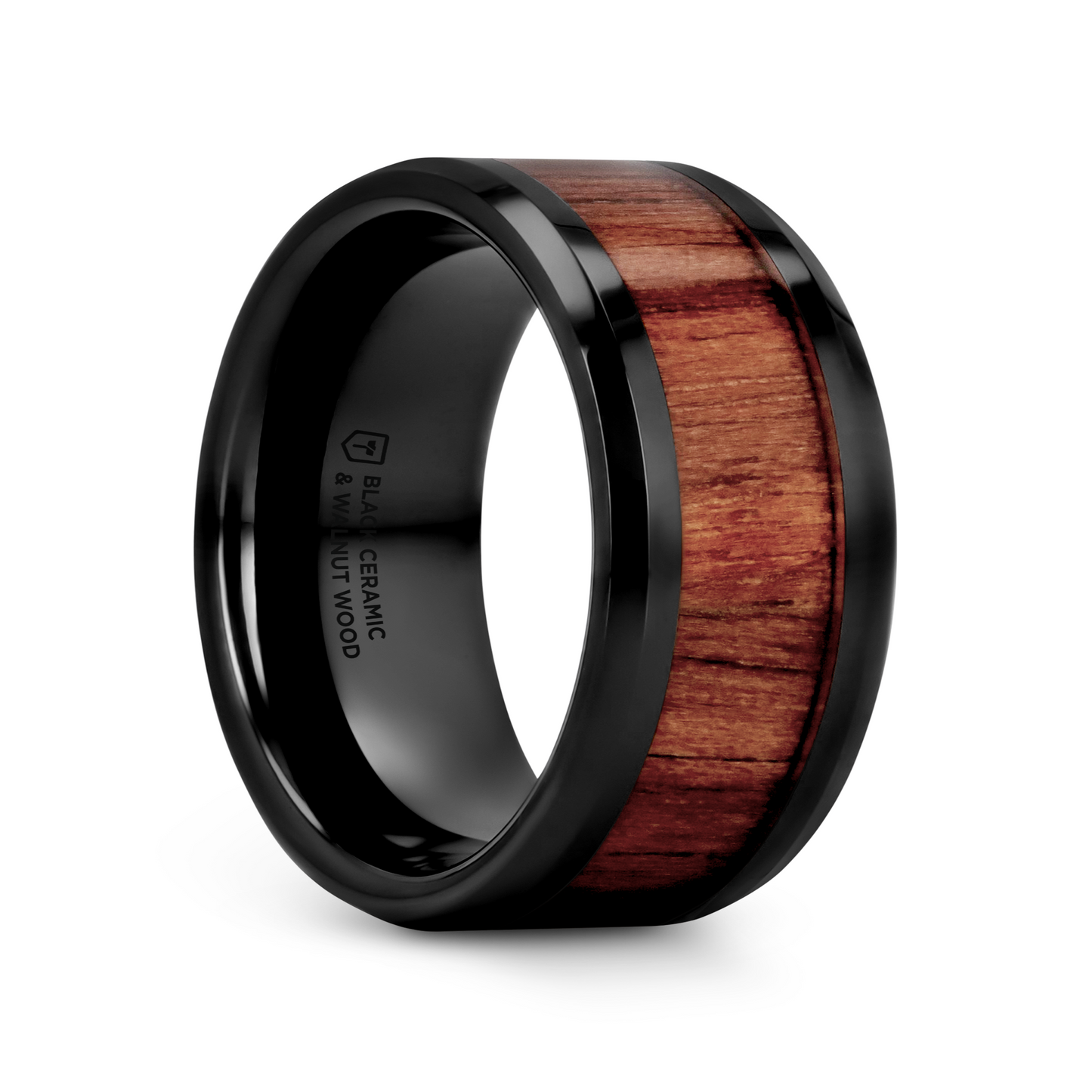 YUKON Beveled Black Ceramic Ring with Black Walnut Wood Inlay - 8mm - 12mm