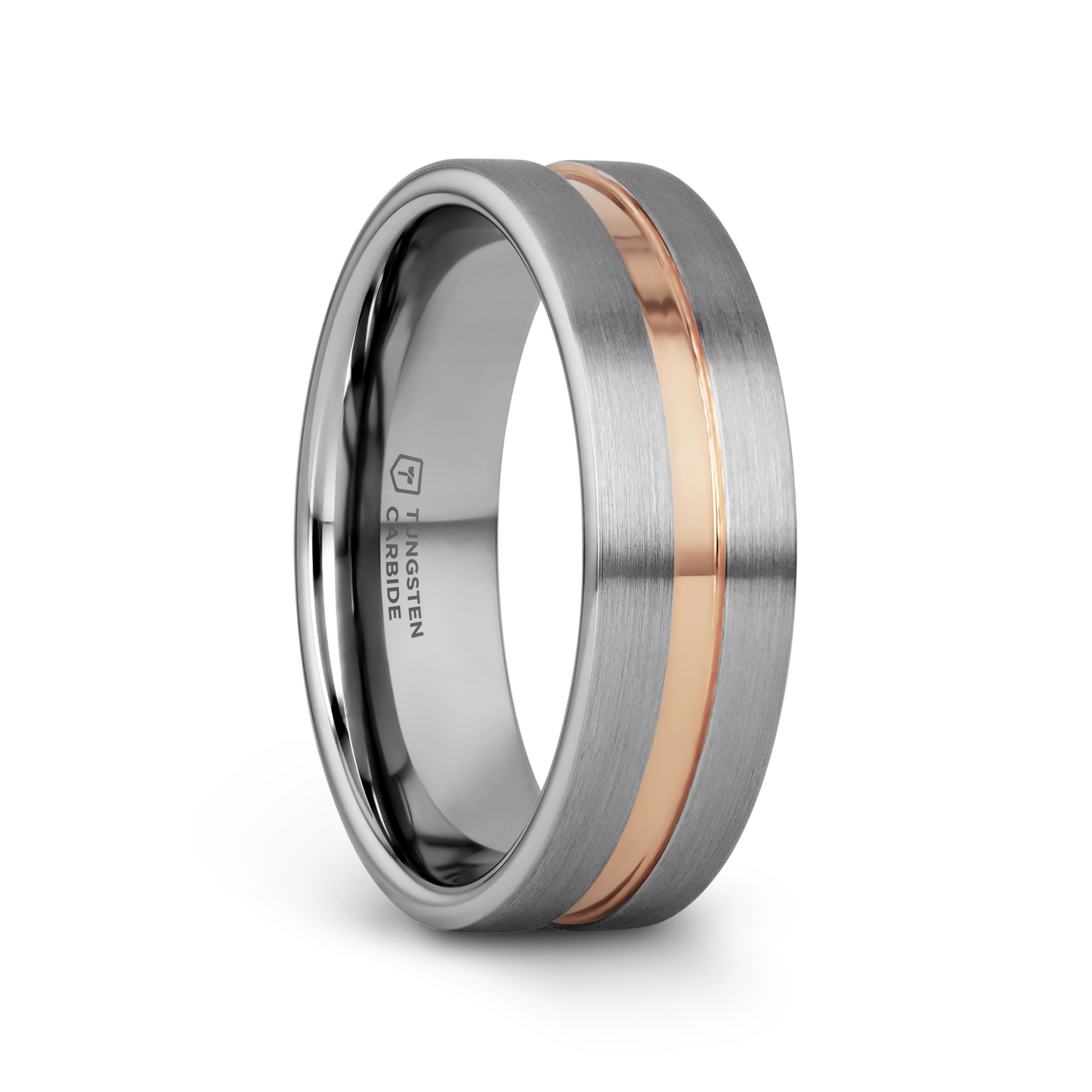 ZEUS Flat Brushed Finish Tungsten Carbide Ring with Rose Gold Plated Groove - 4mm - 10mm