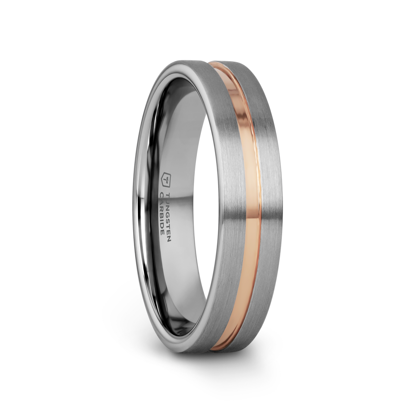 ZEUS Flat Brushed Finish Tungsten Carbide Ring with Rose Gold Plated Groove - 4mm - 10mm