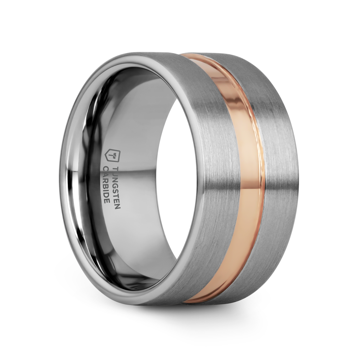 ZEUS Flat Brushed Finish Tungsten Carbide Ring with Rose Gold Plated Groove - 4mm - 10mm