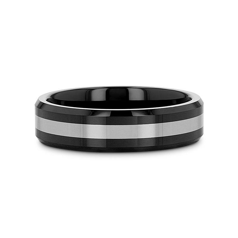 ASTADI Polished Black Beveled Ceramic Ring with Tungsten Inlay - 6mm (Limited Stock)