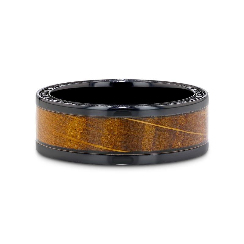 BOURBON Black Zirconium Ring with Whiskey Barrel Wood Inlay and Black Sapphires - 8mm
