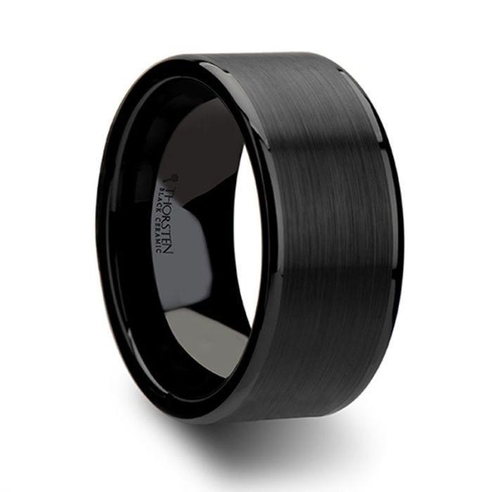 OCTAVIUS Flat Black Ceramic Ring with Brushed Center & Polished Edges - 8mm - 12mm
