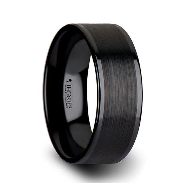 OLIVIA Women's Flat Black Ceramic Ring with Brushed Center & Polished Edges - 4mm