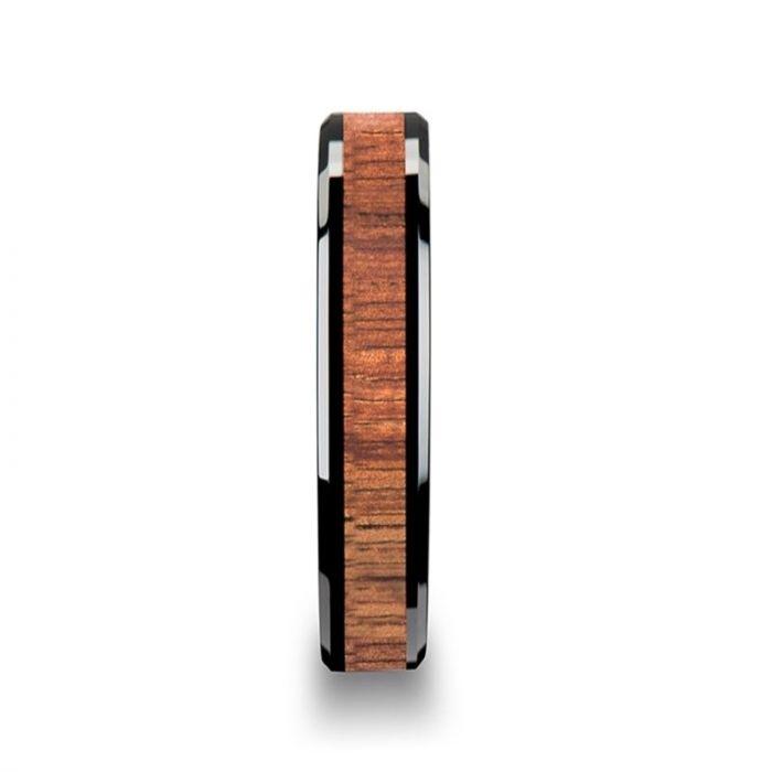 ACACIA Koa Wood Inlaid Black Ceramic Ring with Bevels - 4mm - 6mm