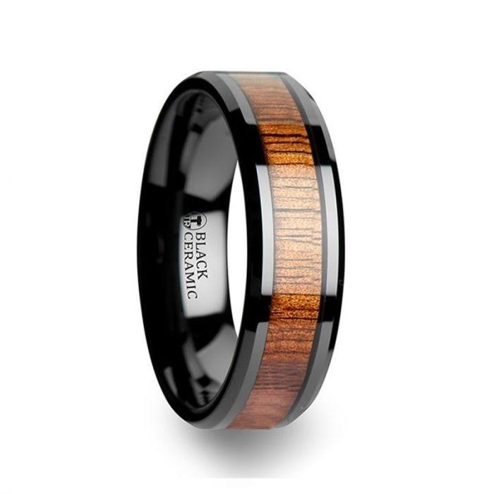 ACACIA Koa Wood Inlaid Black Ceramic Ring with Bevels - 4mm - 6mm