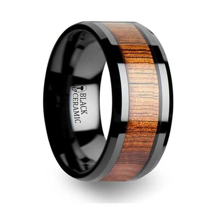 ACACIA Koa Wood Inlaid Black Ceramic Ring with Bevels - 8mm - 12mm