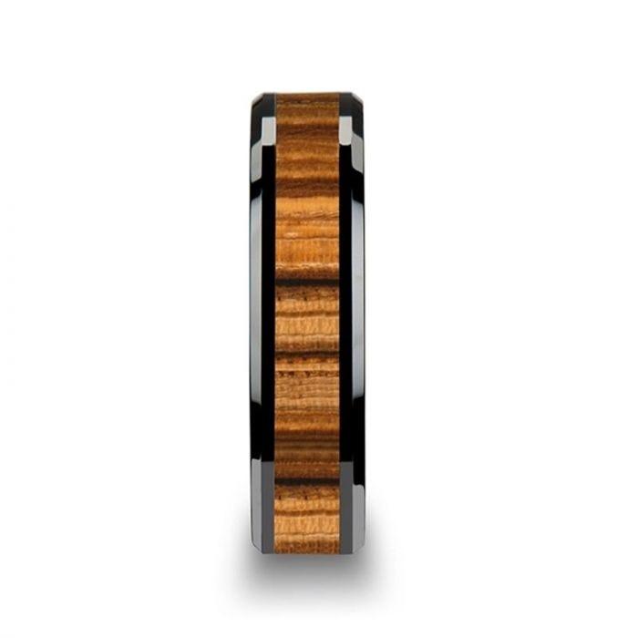 ZEBRANO Black Ceramic Ring with Beveled Edges and Real Zebra Wood Inlay - 4mm - 6mm