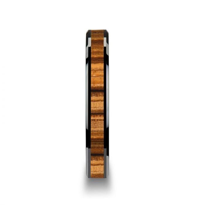 ZEBRANO Black Ceramic Ring with Beveled Edges and Real Zebra Wood Inlay - 4mm - 6mm