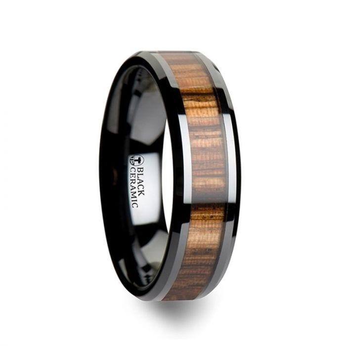 ZEBRANO Black Ceramic Ring with Beveled Edges and Real Zebra Wood Inlay - 4mm - 6mm