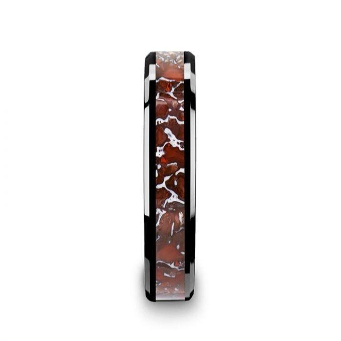 TRIASSIC Red Dinosaur Bone Inlaid Black Ceramic Beveled Edged Ring - 4mm & 8mm