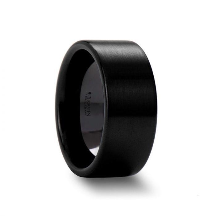 DRAKON Flat Pipe Cut Brush Finished Black Ceramic Wedding Band - 8mm - 12mm