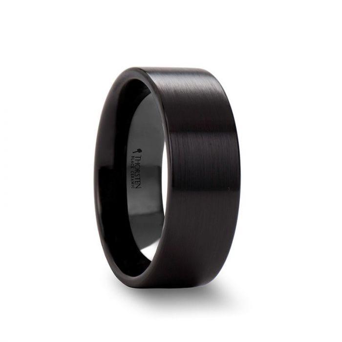 DRAKON Flat Pipe Cut Brush Finished Black Ceramic Wedding Band - 8mm - 12mm