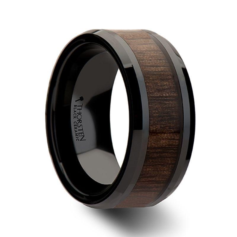 YUKON Beveled Black Ceramic Ring with Black Walnut Wood Inlay - 8mm - 12mm