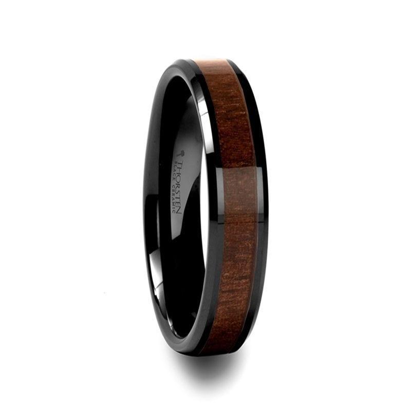 YUKON Beveled Black Ceramic Ring with Black Walnut Wood Inlay - 4mm - 6mm