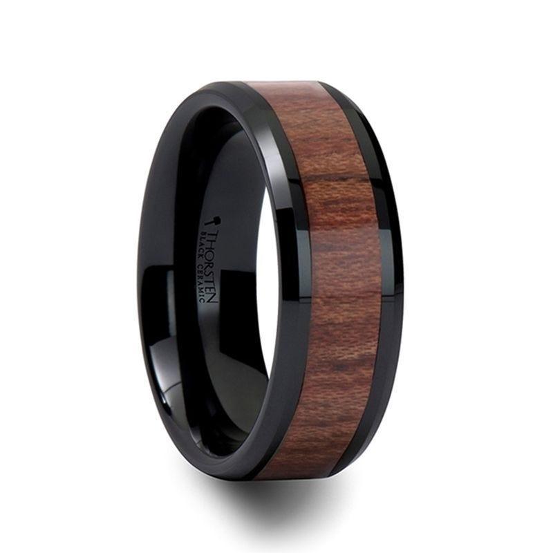 DENALI Black Ceramic Wedding Band with Bevels and Rosewood Inlay - 8mm - 12mm