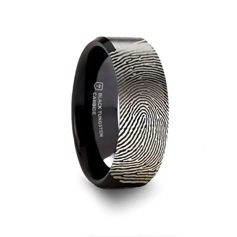 Fingerprint Black Tungsten Ring with Polished Beveled Edges and Brush Finished Center - 4mm - 6mm