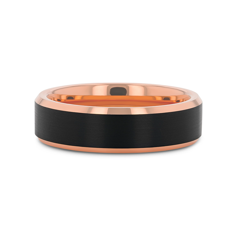 HAYDEN Rose Gold Plated Tungsten Polished Beveled Ring with Brushed Black Center - 6mm & 8mm