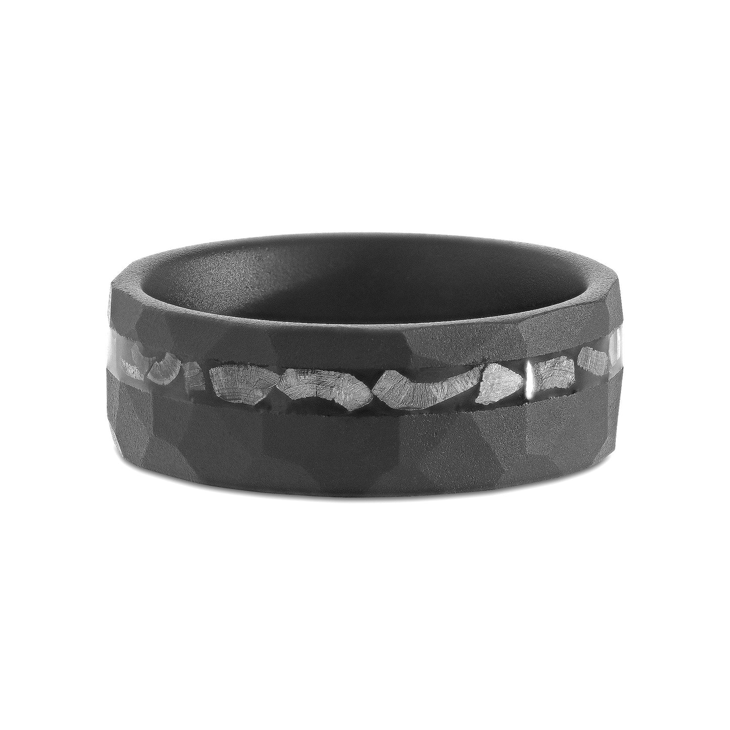 FISSURE Black Tungsten Ring with Hammered Finish and Meteorite Inlay - 8mm